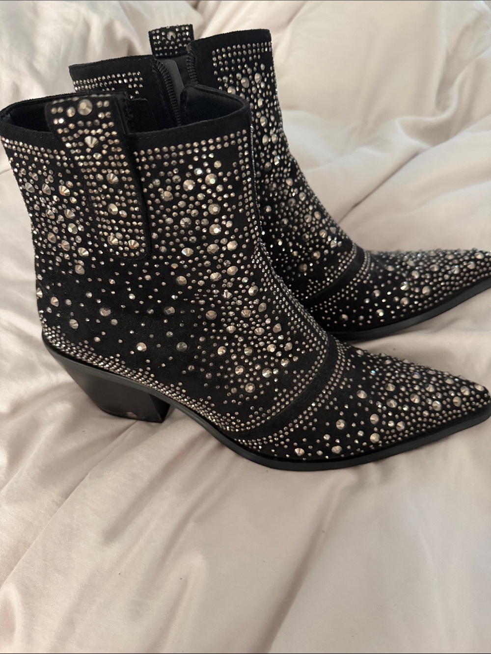 Crystal-Embellished Black Ankle Booties for Women
